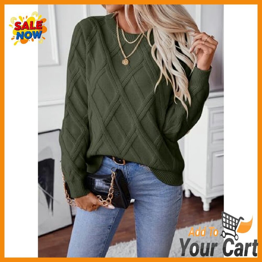 Cable Knit Crewneck Sweater, Viscose Blend, Fall Winter Tops - Picture 3 of 7